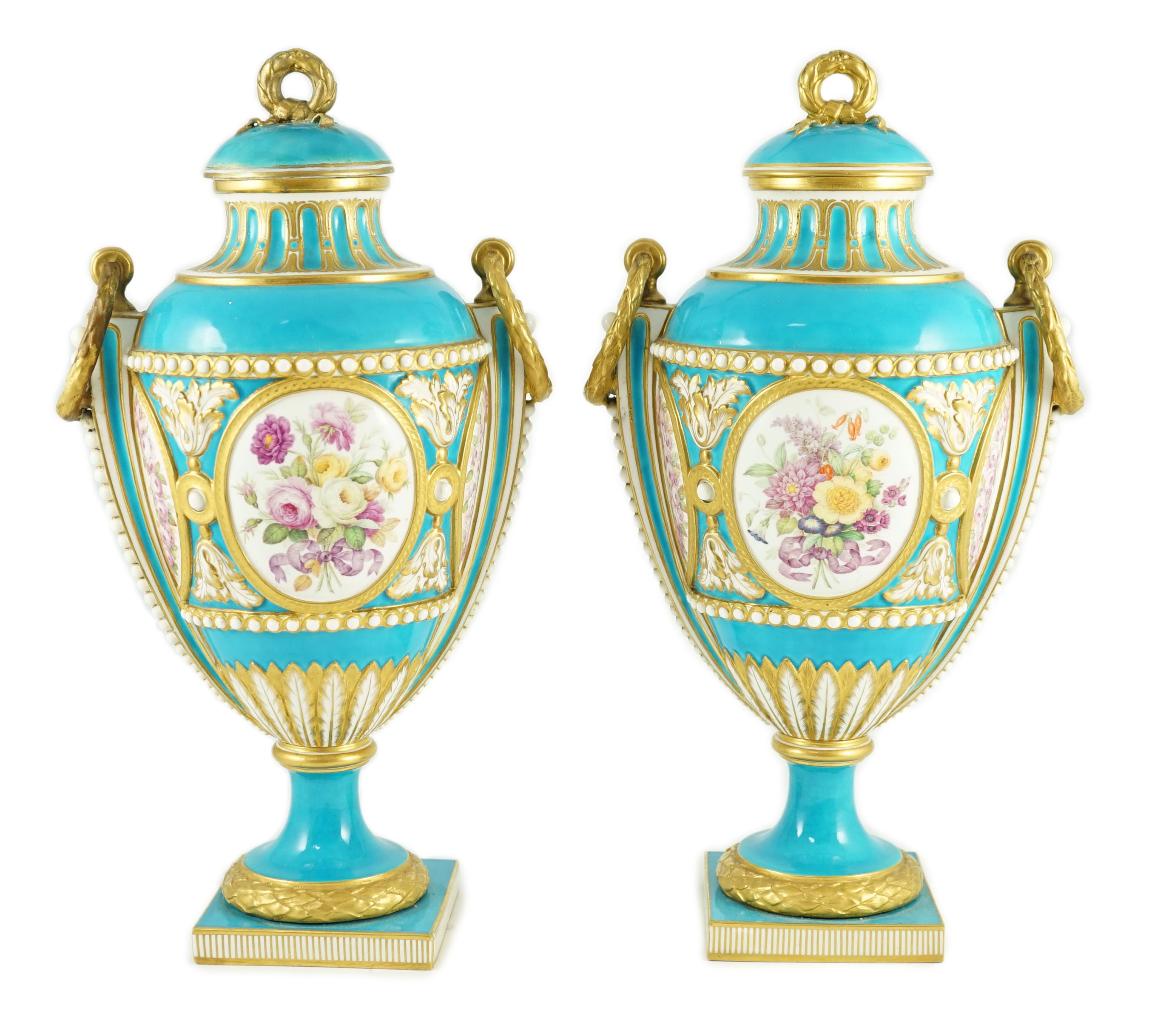 A pair of Minton Sevres style vases and covers, mid 19th century, 41cm high, one cover restored